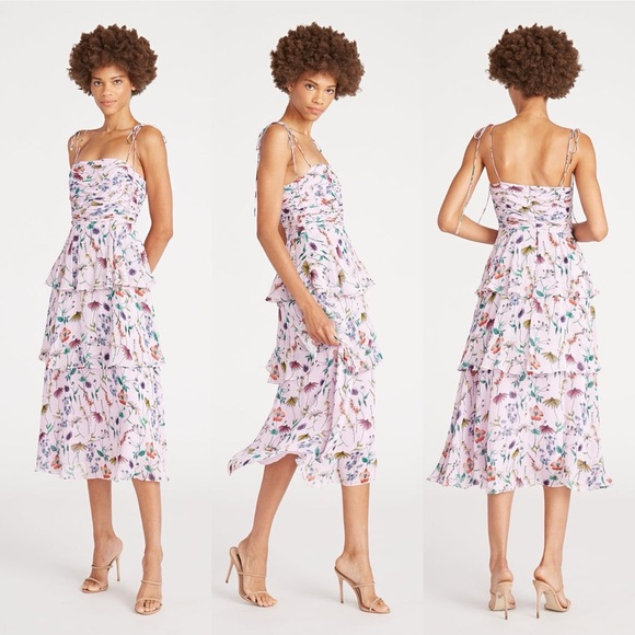 NWT AMUR Acacia Lilac Lily Wildflower Floral Tie Strap Ruffle Dress Size 14 - Picture 3 of 11